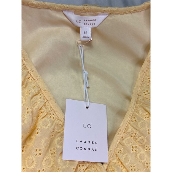 Lauren Conrad Button Fit & Flare Yellow Eyelet Dress Medium Elastic Waist Lined - Picture 7 of 9